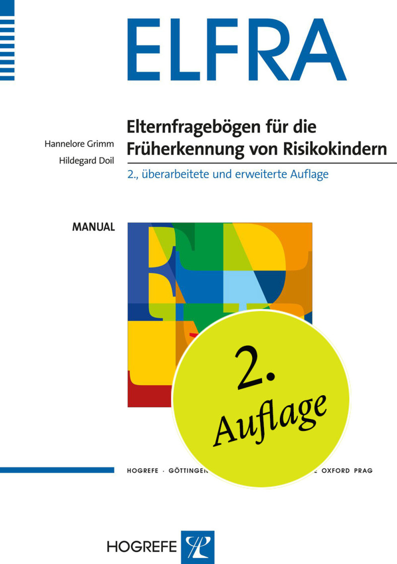 Test komplett bestehend aus: Manual, 5 Fragebogen ELFRA 1, 5 Fragebogen ELFRA 1 Kurzversion, 5 Fragebogen ELFRA 2, 5 Fragebogen ELFRA 2 Kurzversion, 5 Auswertungsbogen ELFRA 1 / ELFRA 2, 5 Auswertungsbogen ELFRA 1 / ELFRA 2 Kurzversion, 5 Elternmerkblätte