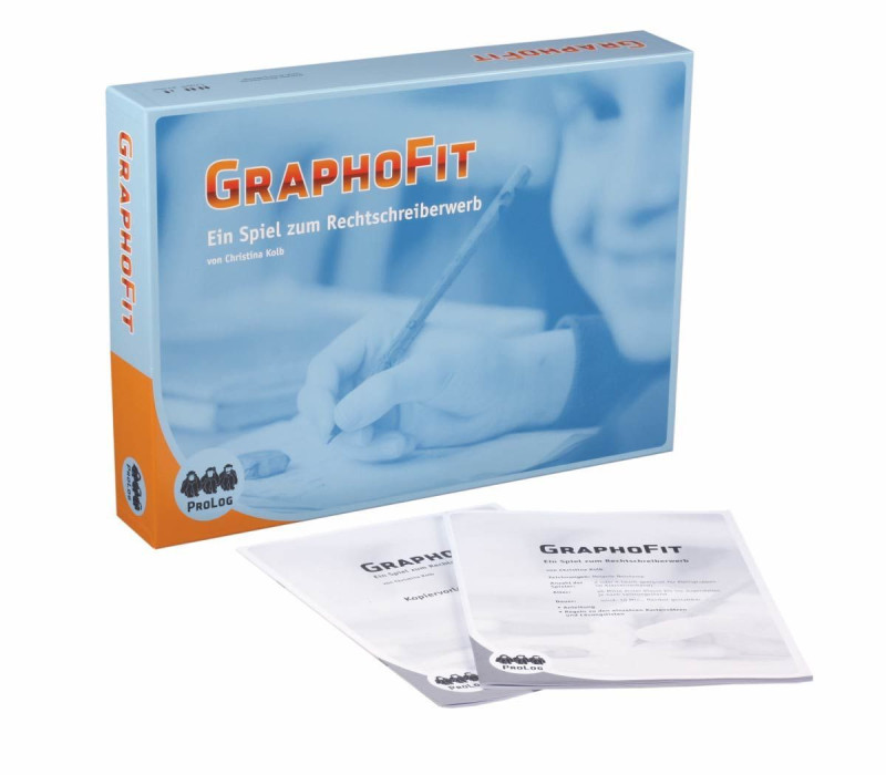 GraphoFit Spiel bestehend aus: Anleitung, Spielplan (auch als Kopiervorlage), 3er-Würfel, 4 Spielfiguren, 16 Kartensätze mit ca. 500 Karten (überwiegend Bildkarten), Kopiervorlagen mit Gitterrätseln und Lösungsheft
